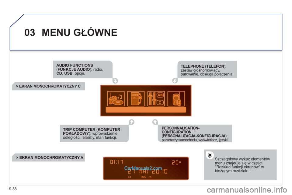 Peugeot Partner 2011 Instrukcja Obsługi (in Polish) 9.38
03MENU GŁÓWNE
AUDIO FUNCTIONS ( FUNKCJE AUDIO): radio,CD, USB
, opcje.
> EKRAN MONOCHROMATYCZNY C
Szczegółowy wykaz elementów menu znajduje się w części"Rozkład funkc Peugeot Partner 2011 Instrukcja Obsługi (in Polish) 9.38
03MENU GŁÓWNE
AUDIO FUNCTIONS ( FUNKCJE AUDIO): radio,CD, USB
, opcje.
> EKRAN MONOCHROMATYCZNY C
Szczegółowy wykaz elementów menu znajduje się w części"Rozkład funkc