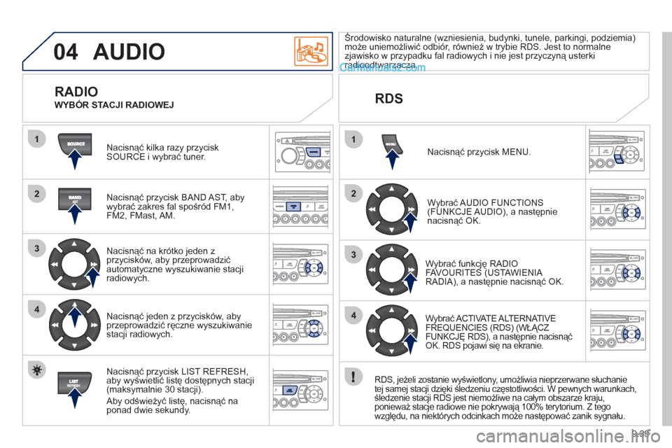 Peugeot Partner 2011 Instrukcja Obsługi (in Polish) 9.39
04
1
2
3
4
1
2
3
4
AUDIO
Nacisnąć kilka razy przyciskSOURCE i wybrać tuner.
Nacisnąć przycisk BAND A
ST, aby
wybrać zakres fal spośród FM1,
FM2, FMast, AM.
Nacisnąć na kró Peugeot Partner 2011 Instrukcja Obsługi (in Polish) 9.39
04
1
2
3
4
1
2
3
4
AUDIO
Nacisnąć kilka razy przyciskSOURCE i wybrać tuner.
Nacisnąć przycisk BAND A
ST, aby
wybrać zakres fal spośród FM1,
FM2, FMast, AM.
Nacisnąć na kró