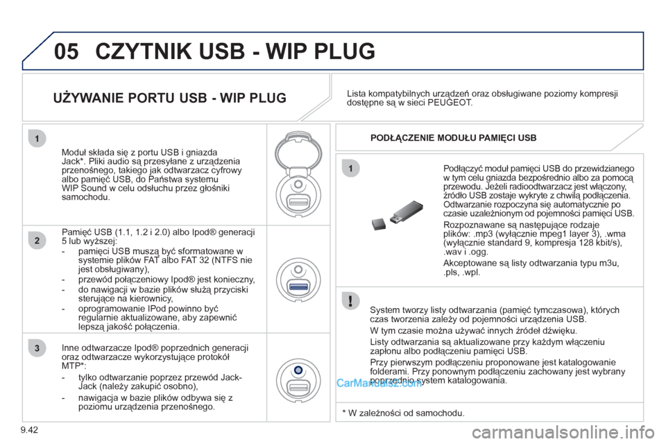 Peugeot Partner 2011 Instrukcja Obsługi (in Polish) 9.42
05
1
1
2
3
CZYTNIK USB - WIP PLUG
System tworzy listy odtwarzania (pamięć tymczasowa), którychczas tworzenia zależy od pojemności urządzenia USB.
W tym czasie można używać innych Peugeot Partner 2011 Instrukcja Obsługi (in Polish) 9.42
05
1
1
2
3
CZYTNIK USB - WIP PLUG
System tworzy listy odtwarzania (pamięć tymczasowa), którychczas tworzenia zależy od pojemności urządzenia USB.
W tym czasie można używać innych