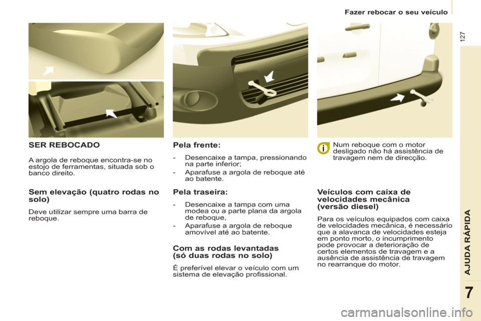 Peugeot Partner 2011 Manual do proprietário (in Portuguese) 127
AJUDA RÁPIDA
7
Fazer rebocar o seu veículo
Sem elevação (quatro rodas no
solo)
Deve utilizar sempre uma barra de
reboque.
SER REBOCADO
Pela frente:
- Desenc Peugeot Partner 2011 Manual do proprietário (in Portuguese) 127
AJUDA RÁPIDA
7
Fazer rebocar o seu veículo
Sem elevação (quatro rodas no
solo)
Deve utilizar sempre uma barra de
reboque.
SER REBOCADO
Pela frente:
- Desenc
