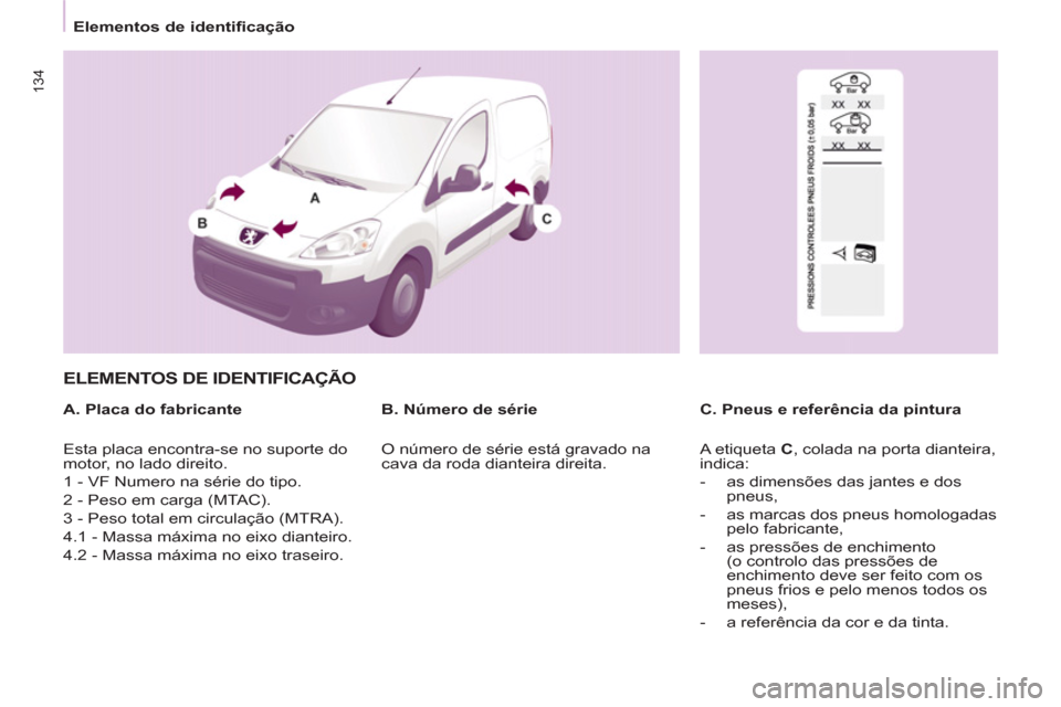 Peugeot Partner 2011 Manual do proprietário (in Portuguese) 134
Elementos de identificação
ELEMENTOS DE IDENTIFICAÇÃO
A. Placa do fabricante
C. Pneus e referência da pintura
B. Número de série
Esta placa encontra-se no supo Peugeot Partner 2011 Manual do proprietário (in Portuguese) 134
Elementos de identificação
ELEMENTOS DE IDENTIFICAÇÃO
A. Placa do fabricante
C. Pneus e referência da pintura
B. Número de série
Esta placa encontra-se no supo