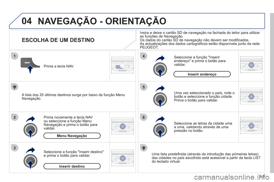 Peugeot Partner 2011 Manual do proprietário (in Portuguese) 9.9
04
1
2
3
5
6
4
NAVEGAÇÃO - ORIENTAÇÃO
ESCOLHA DE UM DESTINO
Prima novamente a tecla NAV
ou seleccione a função Menu
Navegação e prima o botão para
v
alidar.
S Peugeot Partner 2011 Manual do proprietário (in Portuguese) 9.9
04
1
2
3
5
6
4
NAVEGAÇÃO - ORIENTAÇÃO
ESCOLHA DE UM DESTINO
Prima novamente a tecla NAV
ou seleccione a função Menu
Navegação e prima o botão para
v
alidar.
S