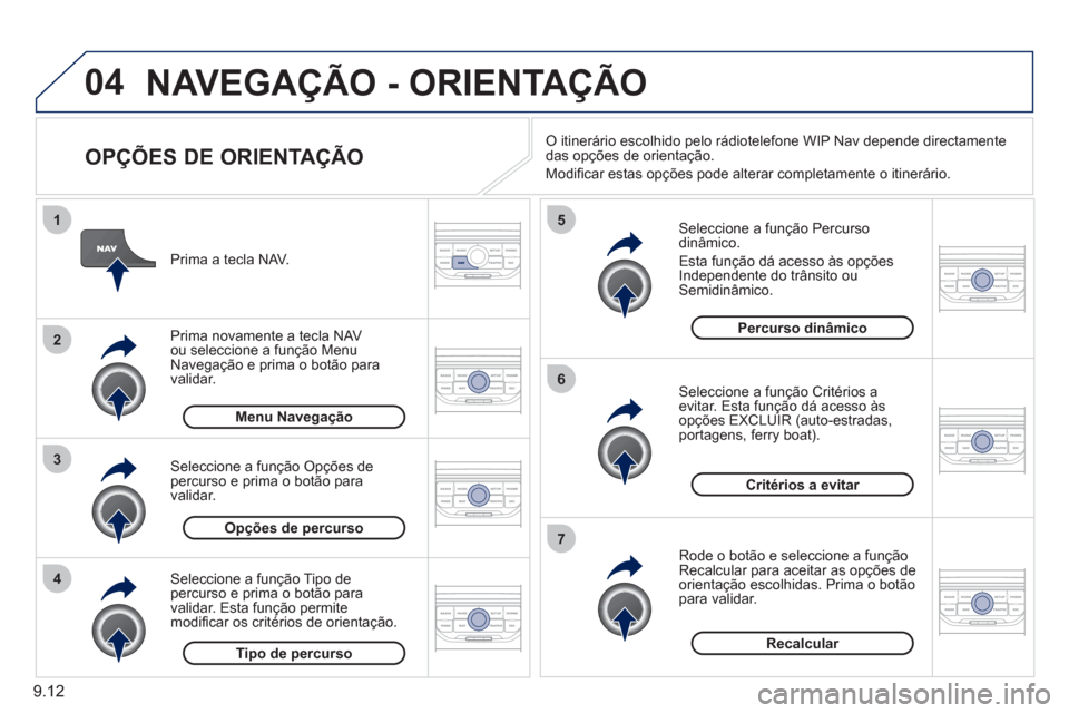 Peugeot Partner 2011 Manual do proprietário (in Portuguese) 9.12
04
4
3
2
1
7
6
5
NAVEGAÇÃO - ORIENTAÇÃO
OPÇÕES DE ORIENTAÇÃO
Seleccione a função Percursodinâmico.
Esta
função dá acesso às opções Independente do trânsito ou Semidi Peugeot Partner 2011 Manual do proprietário (in Portuguese) 9.12
04
4
3
2
1
7
6
5
NAVEGAÇÃO - ORIENTAÇÃO
OPÇÕES DE ORIENTAÇÃO
Seleccione a função Percursodinâmico.
Esta
função dá acesso às opções Independente do trânsito ou Semidi