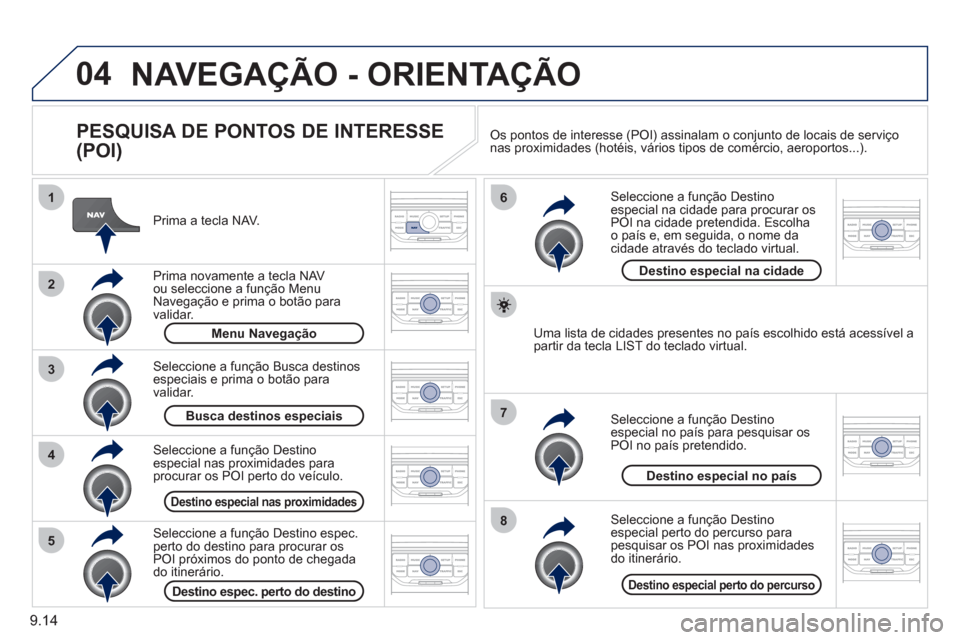Peugeot Partner 2011 Manual do proprietário (in Portuguese) 9.14
04
8
6
7
4
3
5
2
1
NAVEGAÇÃO - ORIENTAÇÃO
PESQUISA DE PONTOS DE INTERESSE
(POI)
Prima a tecla NAV.
Prim
a novamente a tecla NAV ou seleccione a função Menu Navegação e prima Peugeot Partner 2011 Manual do proprietário (in Portuguese) 9.14
04
8
6
7
4
3
5
2
1
NAVEGAÇÃO - ORIENTAÇÃO
PESQUISA DE PONTOS DE INTERESSE
(POI)
Prima a tecla NAV.
Prim
a novamente a tecla NAV ou seleccione a função Menu Navegação e prima