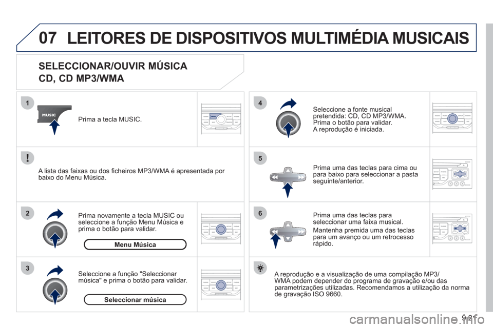 Peugeot Partner 2011 Manual do proprietário (in Portuguese) 9.21
07
3 2 1
6
4
5
SELECCIONAR/OUVIR MÚSICA
CD, CD MP3/WMA
A reprodução e a visualização de uma compilação MP3/
WMA podem depender do programa de gravação e/ou das Peugeot Partner 2011 Manual do proprietário (in Portuguese) 9.21
07
3 2 1
6
4
5
SELECCIONAR/OUVIR MÚSICA
CD, CD MP3/WMA
A reprodução e a visualização de uma compilação MP3/
WMA podem depender do programa de gravação e/ou das