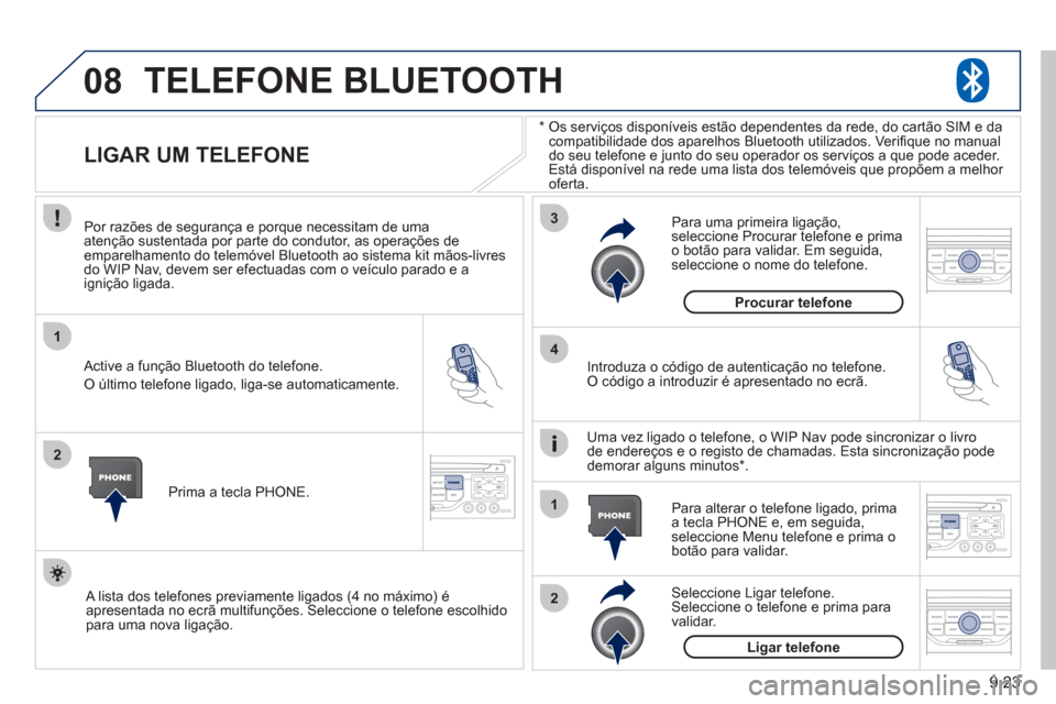 Peugeot Partner 2011 Manual do proprietário (in Portuguese) 9.23
08
1
2
3
2 1 4
*
Os serviços disponíveis estão dependentes da rede, do cartão SIM e da compatibilidade dos aparelhos Bluetooth utilizados. Verifi que no manual
do seu telefone e junto d Peugeot Partner 2011 Manual do proprietário (in Portuguese) 9.23
08
1
2
3
2 1 4
*
Os serviços disponíveis estão dependentes da rede, do cartão SIM e da compatibilidade dos aparelhos Bluetooth utilizados. Verifi que no manual
do seu telefone e junto d
