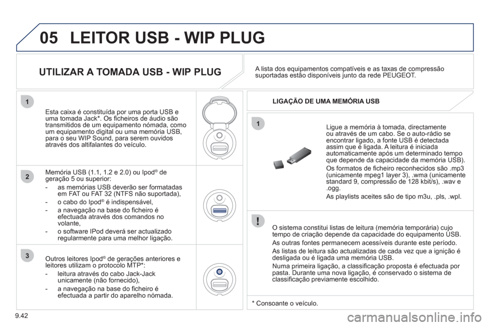 Peugeot Partner 2011 Manual do proprietário (in Portuguese) 9.42
05
1
1
2
3
LEITOR USB - WIP PLUG
O sistema constitui listas de leitura (memória temporária) cujo
tempo de criação depende da capacidade do equipamento USB.
As outras
fontes permanecem Peugeot Partner 2011 Manual do proprietário (in Portuguese) 9.42
05
1
1
2
3
LEITOR USB - WIP PLUG
O sistema constitui listas de leitura (memória temporária) cujo
tempo de criação depende da capacidade do equipamento USB.
As outras
fontes permanecem