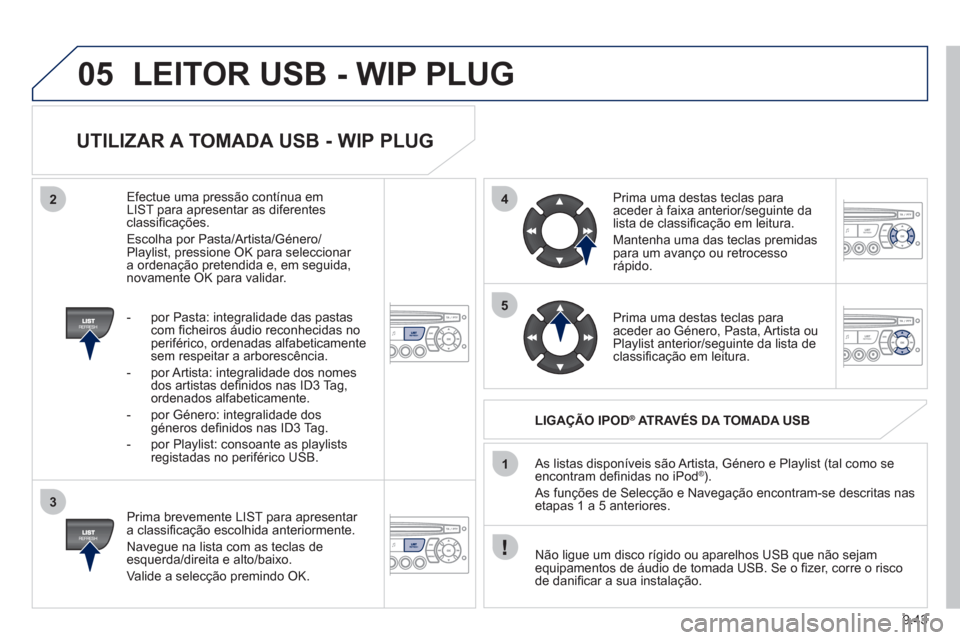 Peugeot Partner 2011 Manual do proprietário (in Portuguese) 9.43
05
42
3
1
5
LEITOR USB - WIP PLUG
UTILIZAR A TOMADA USB - WIP PLUG
Prima brevemente LIST para apresentar
a classifi cação escolhida anteriormente.
Navegue na lista com as teclas d Peugeot Partner 2011 Manual do proprietário (in Portuguese) 9.43
05
42
3
1
5
LEITOR USB - WIP PLUG
UTILIZAR A TOMADA USB - WIP PLUG
Prima brevemente LIST para apresentar
a classifi cação escolhida anteriormente.
Navegue na lista com as teclas d