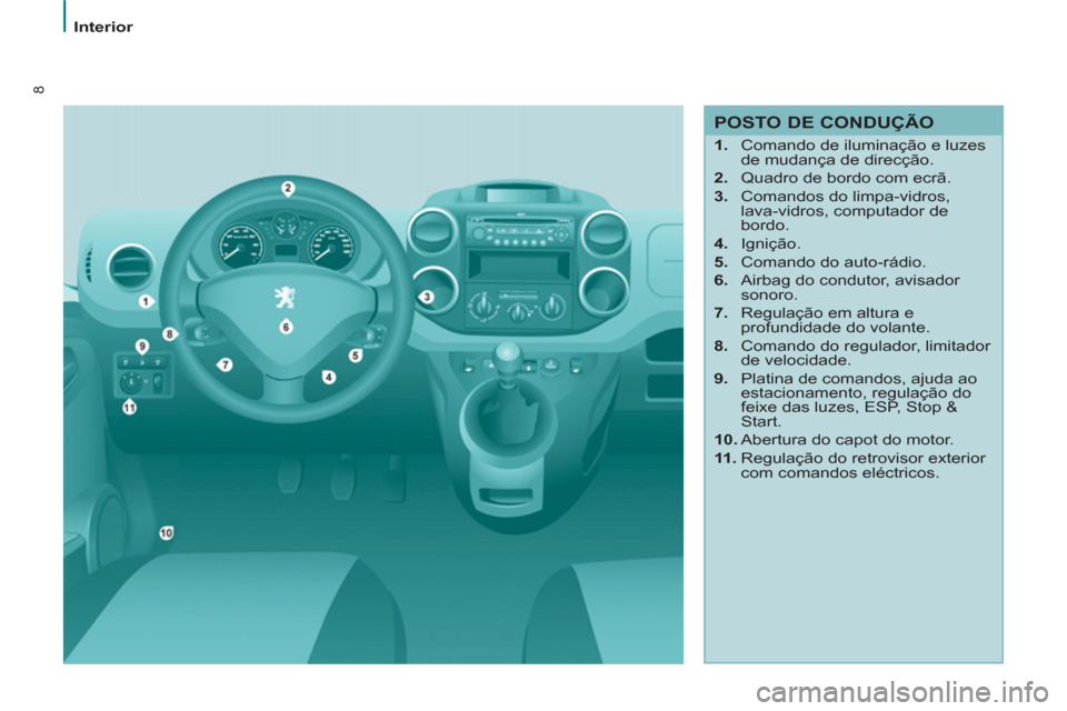 Peugeot Partner 2011  Manual do proprietário (in Portuguese) 8
   
 
Interior  
 
 
 
POSTO DE CONDUÇÃO 
 
 
 
1. 
  Comando de iluminação e luzes 
de mudança de direcção. 
   
2. 
  Quadro de bordo com ecrã. 
   
3. 
  Comandos do limpa-vidros, 
lava-v