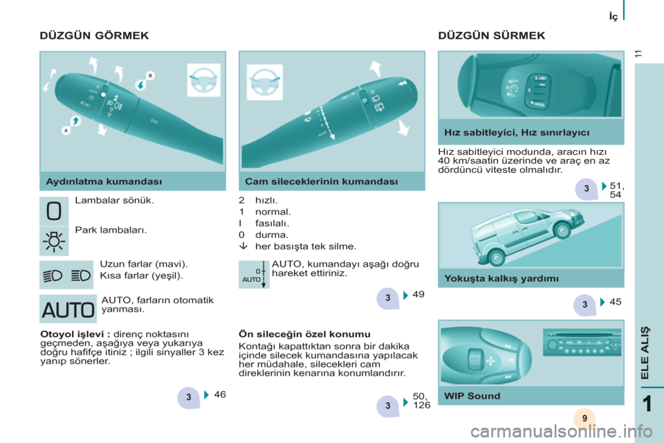 Peugeot Partner 2011  Kullanım Kılavuzu (in Turkish) 3
3
3
3
9
3
11
ELE ALIŞ
 
 
 
İç  
 
  Lambalar sönük. 
  Park lambaları. 
  Uzun farlar (mavi).  
Kısa farlar (yeşil).   2 hızlı.  
1 normal.  
I fasılalı.  
0 durma.  
  �