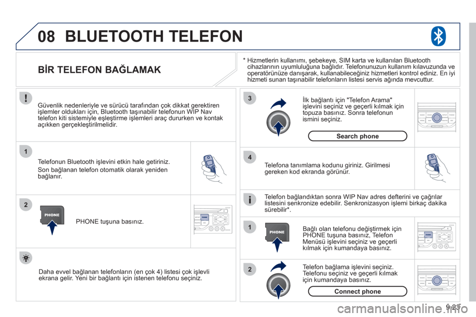 Peugeot Partner 2011  Kullanım Kılavuzu (in Turkish) 9.23
08
1
2
3
2 1 4
*   
 
Hizmetlerin kullanımı, şebekeye, SIM karta ve kullanılan Bluetooth cihazlarının uyumluluğuna bağlıdır.  Te l efonunuzun kullanım kılavuzunda ve 
operatörünüze