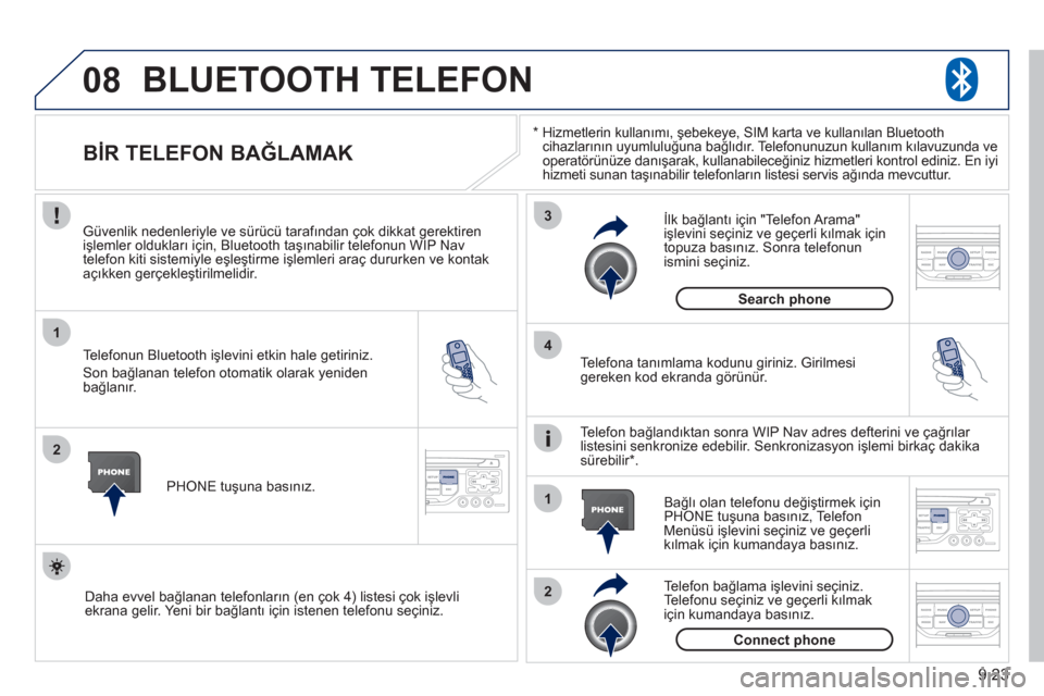 Peugeot Partner 2011 Kullanım Kılavuzu (in Turkish) 9.23
08
1
2
3
2 1 4
*
Hizmetlerin kullanımı, şebekeye, SIM karta ve kullanılan Bluetooth cihazlarının uyumluluğuna bağlıdır. Te l efonunuzun kullanım kılavuzunda ve
operatörünüze Peugeot Partner 2011 Kullanım Kılavuzu (in Turkish) 9.23
08
1
2
3
2 1 4
*
Hizmetlerin kullanımı, şebekeye, SIM karta ve kullanılan Bluetooth cihazlarının uyumluluğuna bağlıdır. Te l efonunuzun kullanım kılavuzunda ve
operatörünüze