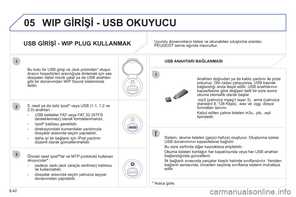 Peugeot Partner 2011 Kullanım Kılavuzu (in Turkish) 9.42
05
1
1
2
3
WIP GİRİŞİ - USB OKUYUCU
Sistem, okuma listeleri (geçici hafıza) oluşturur. Oluşturma süresi USB donanımının kapasitesine bağlıdır.
Bu süre zar
fında diğer kayn Peugeot Partner 2011 Kullanım Kılavuzu (in Turkish) 9.42
05
1
1
2
3
WIP GİRİŞİ - USB OKUYUCU
Sistem, okuma listeleri (geçici hafıza) oluşturur. Oluşturma süresi USB donanımının kapasitesine bağlıdır.
Bu süre zar
fında diğer kayn