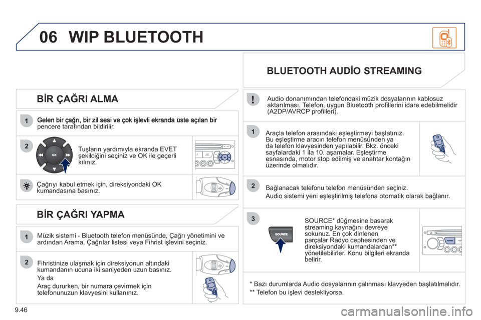 Peugeot Partner 2011 Kullanım Kılavuzu (in Turkish) 9.46
06
2
1
2
2
3
BİR ÇAĞRI ALMA
pencere tarafından bildirilir.
Araçla telefon arasındaki eşleştirmeyi başlatınız.
Bu eşleştirme aracın telefon menüsünden ya
da telefon klav Peugeot Partner 2011 Kullanım Kılavuzu (in Turkish) 9.46
06
2
1
2
2
3
BİR ÇAĞRI ALMA
pencere tarafından bildirilir.
Araçla telefon arasındaki eşleştirmeyi başlatınız.
Bu eşleştirme aracın telefon menüsünden ya
da telefon klav