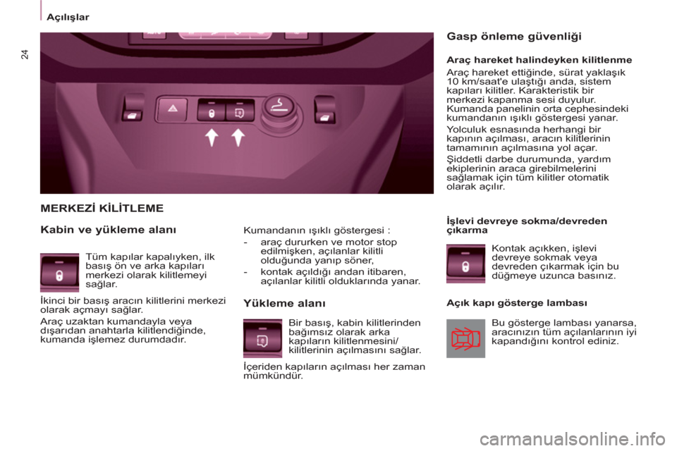 Peugeot Partner 2011 Kullanım Kılavuzu (in Turkish) 24
Kumandanın ışıklı göstergesi :
- araç dururken ve motor stop
edilmişken, açılanlar kilitli
olduğunda yanıp söner,
- kontak açıldığı andan itibaren,
açılanl Peugeot Partner 2011 Kullanım Kılavuzu (in Turkish) 24
Kumandanın ışıklı göstergesi :
- araç dururken ve motor stop
edilmişken, açılanlar kilitli
olduğunda yanıp söner,
- kontak açıldığı andan itibaren,
açılanl