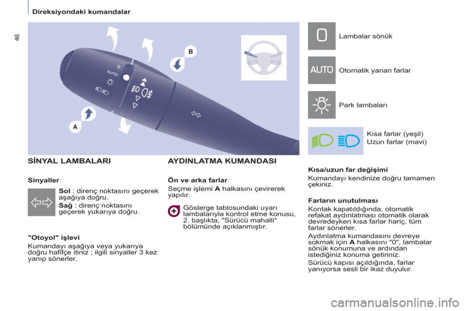 Peugeot Partner 2011  Kullanım Kılavuzu (in Turkish) 46
   
 
 
SİNYAL LAMBALARI 
 
 
"Otoyol" işlevi 
  Kumandayı aşağıya veya yukarıya 
doğru haﬁ fçe itiniz ; ilgili sinyaller 3 kez 
yanıp sönerler.  
 
 
 
AYDINLATMA KUMANDASI 
 
 
Sol 

