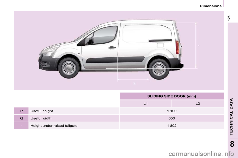 Peugeot Partner 2010 Owners Manual Dimensions
TECHNICAL DATA
8
SLIDING SIDE DOOR (mm)
L1 L2
P Useful height 1 100
Q Useful width 650
- Height under raised tailgate 1 892 Peugeot Partner 2010 Owners Manual Dimensions
TECHNICAL DATA
8
SLIDING SIDE DOOR (mm)
L1 L2
P Useful height 1 100
Q Useful width 650
- Height under raised tailgate 1 892