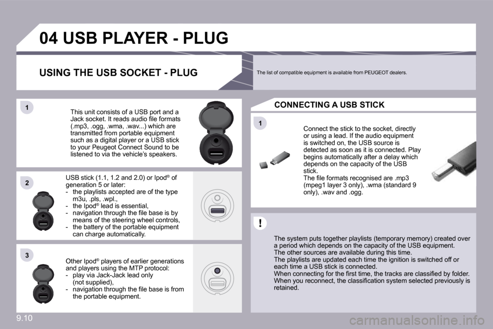 Peugeot Partner 2010  Owners Manual 9.10
�1�1
�0�4
�1�1
�2�2
�3�3
�U�S�B� �P�L�A�Y�E�R� �-� �P�L�U�G� 
� � �T�h�e� �s�y�s�t�e�m� �p�u�t�s� �t�o�g�e�t�h�e�r� �p�l�a�y�l�i�s�t�s� �(�t�e�m�p�o�r�a�r�y� �m�e�m�o�r�y�)� �c�r�e�a�t�e�d� �o�v�