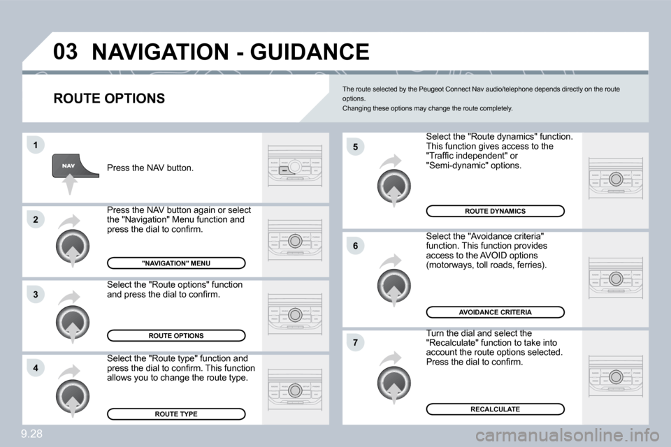 Peugeot Partner 2010  Owners Manual 9.28
�0�3
�5
�6
�7
�1
�2
�3
�4
� �N�A�V�I�G�A�T�I�O�N� �-� �G�U�I�D�A�N�C�E� 
� � �R�O�U�T�E� �O�P�T�I�O�N�S� 
� �S�e�l�e�c�t� �t�h�e� �"�R�o�u�t�e� �d�y�n�a�m�i�c�s�"� �f�u�n�c�t�i�o�n�.�  This funct