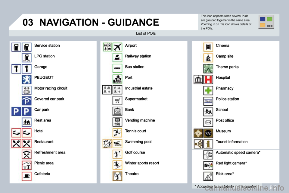 Peugeot Partner 2010  Owners Manual 9.31
�0�3� �N�A�V�I�G�A�T�I�O�N� �-� �G�U�I�D�A�N�C�E� 
  List of POIs   List of POIs 
� � �*� � According to availability in the country.  According to availability in the country.  
 This icon appea