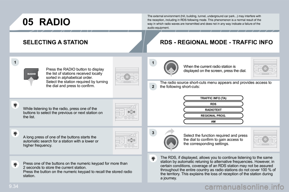 Peugeot Partner 2010  Owners Manual 9.34
�1�1
�2
�3
�0�5
� � �S�E�L�E�C�T�I�N�G� �A� �S�T�A�T�I�O�N� 
 When the current radio station is displayed on the screen, press the dial. 
� �T�h�e� �r�a�d�i�o� �s�o�u�r�c�e� �s�h�o�r�t�-�c�u�t�s�