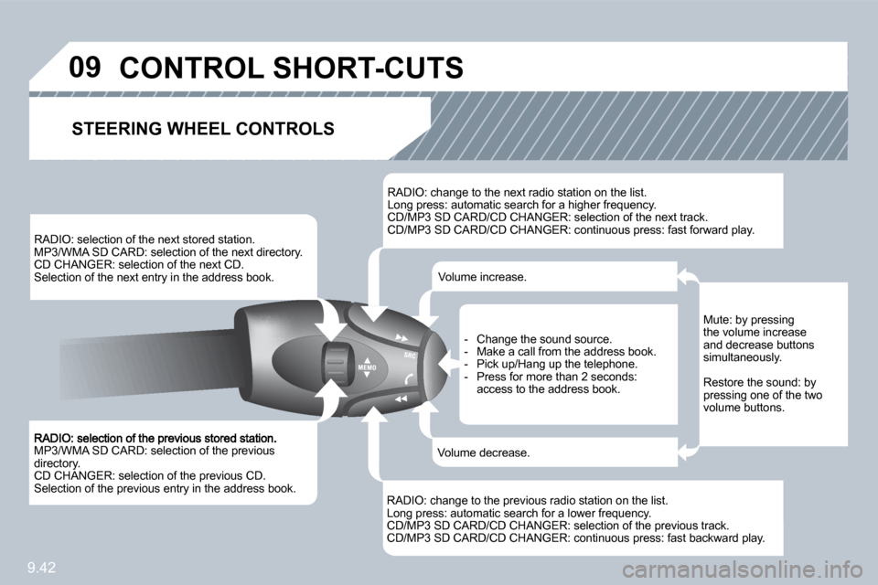 Peugeot Partner 2010  Owners Manual 9.42
�0�9
 MP3/WMA SD CARD: selection of the previous directory.  CD CHANGER: selection of the previous CD.  Selection of the previous entry in the address book.  
  RADIO: selection of the next store