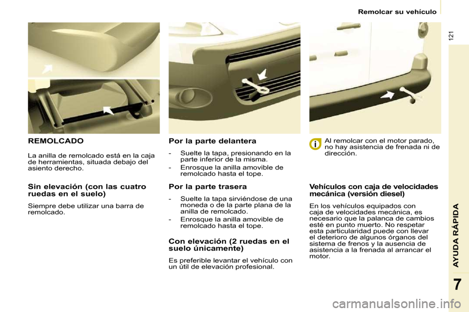 Peugeot Partner 2010 Manual del propietario (in Spanish) 121
AYUDA RÁPIDA
7
Remolcar su vehículo
Sin elevación (con las cuatro
ruedas en el suelo)
Siempre debe utilizar una barra de
remolcado.
REMOLCADO Por la parte delantera
- Peugeot Partner 2010 Manual del propietario (in Spanish) 121
AYUDA RÁPIDA
7
Remolcar su vehículo
Sin elevación (con las cuatro
ruedas en el suelo)
Siempre debe utilizar una barra de
remolcado.
REMOLCADO Por la parte delantera
-