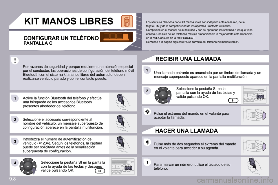 Peugeot Partner 2010  Manual del propietario (in Spanish) �9�.�8
�1�1
�2�2
�3�3
�1�1
�2�2
�4�4�1�1
� �K�I�T� �M�A�N�O�S� �L�I�B�R�E�S� 
� �P�o�r� �r�a�z�o�n�e�s� �d�e� �s�e�g�u�r�i�d�a�d� �y� �p�o�r�q�u�e� �r�e�q�u�i�e�r�e�n� �u�n�a� �a�t�e�n�c�i�ó�n� �e�s�