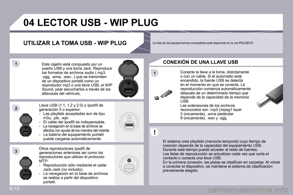 Peugeot Partner 2010  Manual del propietario (in Spanish) �9�.�1�0
�1�1
�0�4
�1�1
�2�2
�3�3
�L�E�C�T�O�R� �U�S�B� �-� �W�I�P� �P�L�U�G� 
� � �E�l� �s�i�s�t�e�m�a� �c�r�e�a� �p�l�a�y�l�i�s�t�s� �(�m�e�m�o�r�i�a� �t�e�m�p�o�r�a�l�)� �c�u�y�o� �t�i�e�m�p�o� �d�