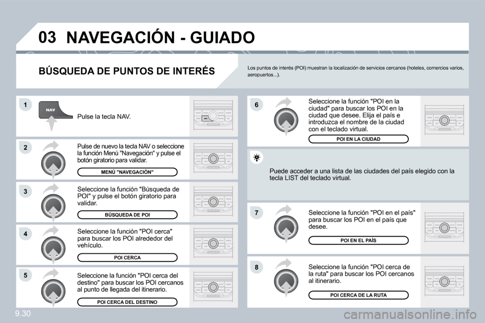 Peugeot Partner 2010  Manual del propietario (in Spanish) �0�3
�1
�2
�3
�4
�7
�8�5
�6
9.30
� �N�A�V�E�G�A�C�I�Ó�N� �-� �G�U�I�A�D�O� 
� � �B�Ú�S�Q�U�E�D�A� �D�E� �P�U�N�T�O�S� �D�E� �I�N�T�E�R�É�S� 
 Pulse la tecla NAV. 
 Pulse de nuevo la tecla NAV o sel