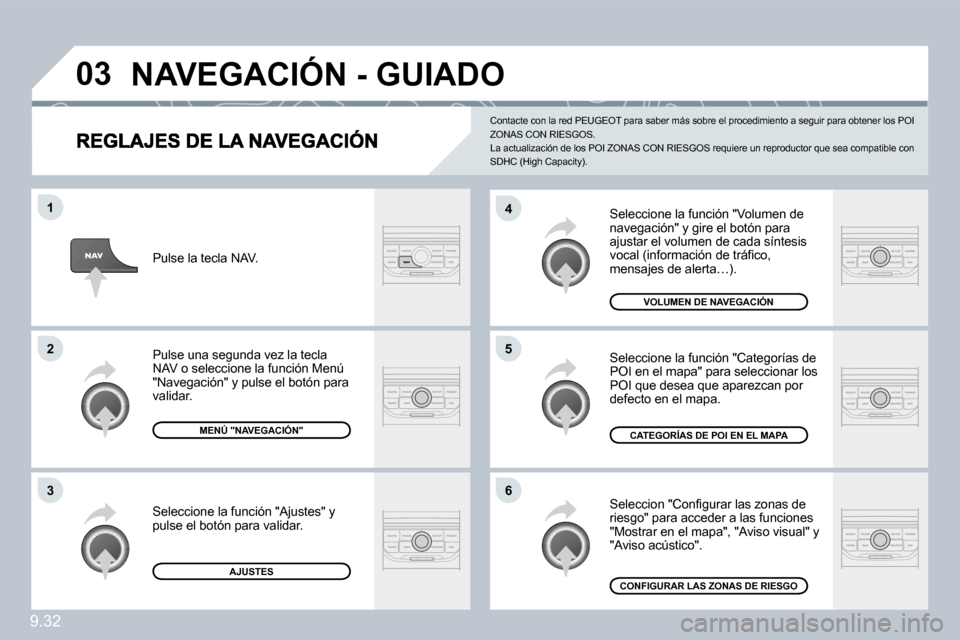 Peugeot Partner 2010  Manual del propietario (in Spanish) �0�3
�6
�4
�5
�1
�2
�3
9.32
 Seleccione la función "Volumen de navegación" y gire el botón para ajustar el volumen de cada síntesis �v�o�c�a�l� �(�i�n�f�o�r�m�a�c�i�ó�n� �d�e� �t�r�á�ﬁ� �c�o�,