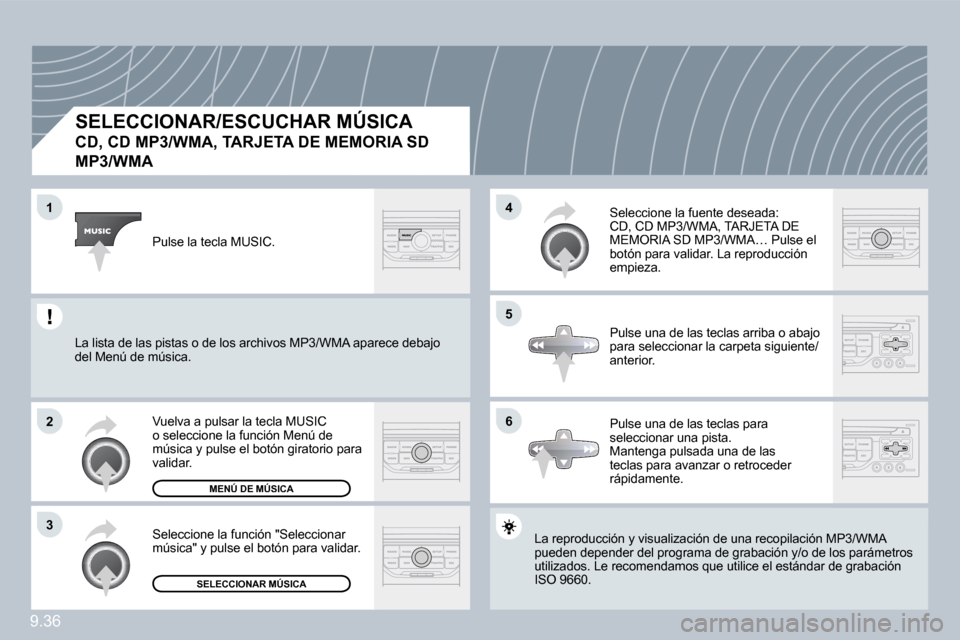 Peugeot Partner 2010  Manual del propietario (in Spanish) �1
�2
�3
�5
�4
�6
9.36
� � � � � � � � � � �S�E�L�E�C�C�I�O�N�A�R�/�E�S�C�U�C�H�A�R� �M�Ú�S�I�C�A� � 
�C�D�,� �C�D� �M�P�3�/�W�M�A�,� �T�A�R�J�E�T�A� �D�E� �M�E�M�O�R�I�A� �S�D� 
�M�P�3�/�W�M�A� 
 La
