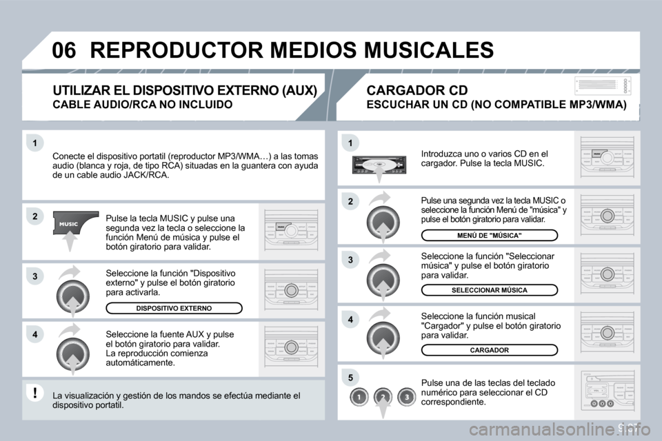 Peugeot Partner 2010  Manual del propietario (in Spanish) �1
�2
�3
�4
�1
�4
�0�6
�2
�3
�5
9.37
 Conecte el dispositivo portatil (reproductor MP3/WMA…MA…) a las tomas audio (blanca y roja, de tipo RCA) situadas en la guanteguantera con ayuda de un cable a