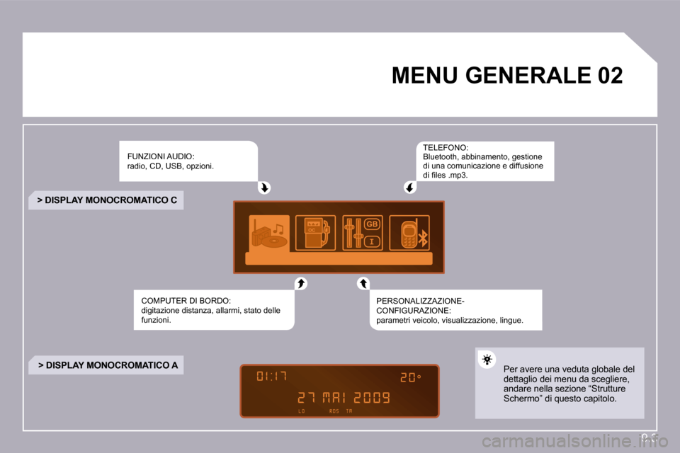 Peugeot Partner 2010  Manuale del proprietario (in Italian) �9�.�3
�0�2� � � � � � � � � �M�E�N�U� �G�E�N�E�R�A�L�E� � 
� �F�U�N�Z�I�O�N�I� �A�U�D�I�O�:� �r�a�d�i�o�,� �C�D�,� �U�S�B�,� �o�p�z�i�o�n�i�.� 
� �C�O�M�P�U�T�E�R� �D�I� �B�O�R�D�O�:� �d�i�g�i�t�a�z�