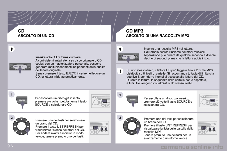 Peugeot Partner 2010  Manuale del proprietario (in Italian) �9�.�6
�1�1
�2�2
�1�1
�2�2
� �A�l�c�u�n�i� �s�i�s�t�e�m�i� �a�n�t�i�p�i�r�a�t�e�r�i�a� �s�u� �d�i�s�c�o� �o�r�i�g�i�n�a�l�e� �o� �C�D� �c�o�p�i�a�t�i� �c�o�n� �u�n� �m�a�s�t�e�r�i�z�z�a�t�o�r�e� �p�e�