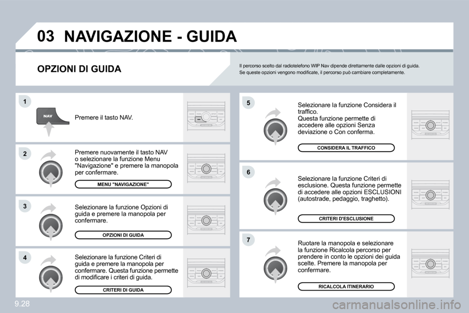 Peugeot Partner 2010  Manuale del proprietario (in Italian) �0�3
�5
�6
�7
�1
�2
�3
�4
9.28
� �N�A�V�I�G�A�Z�I�O�N�E� �-� �G�U�I�D�A� 
� � �O�P�Z�I�O�N�I� �D�I� �G�U�I�D�A� 
 Selezionare la funzione Considera il �t�r�a�f�ﬁ� �c�o�.Questa funzione permette di a