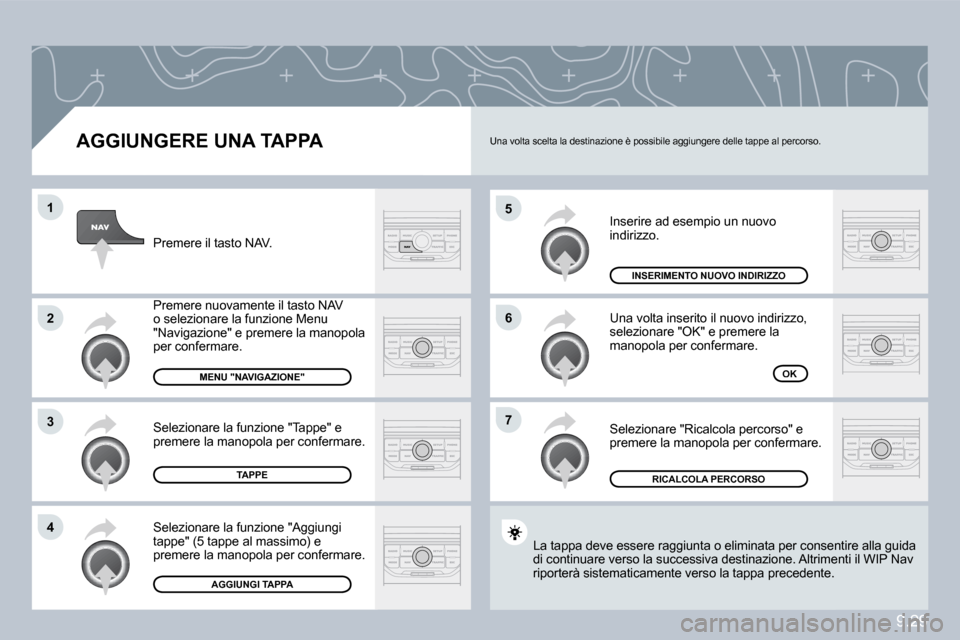 Peugeot Partner 2010  Manuale del proprietario (in Italian) �5
�6
�7
�1
�2
�3
�4
9.29
� � �A�G�G�I�U�N�G�E�R�E� �U�N�A� �T�A�P�P�A� 
 Inserire ad esempio un nuovo indirizzo. 
 Una volta inserito il nuovo indirizzo, selezionare "OK" e premere la manopola per co