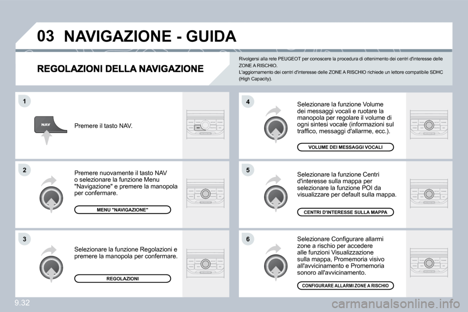 Peugeot Partner 2010  Manuale del proprietario (in Italian) �0�3
�6
�4
�5
�1
�2
�3
9.32
 Selezionare la funzione Volume dei messaggi vocali e ruotare la manopola per regolare il volume di ogni sintesi vocale (informazioni sul �t�r�a�f�ﬁ� �c�o�,� �m�e�s�s�a�g