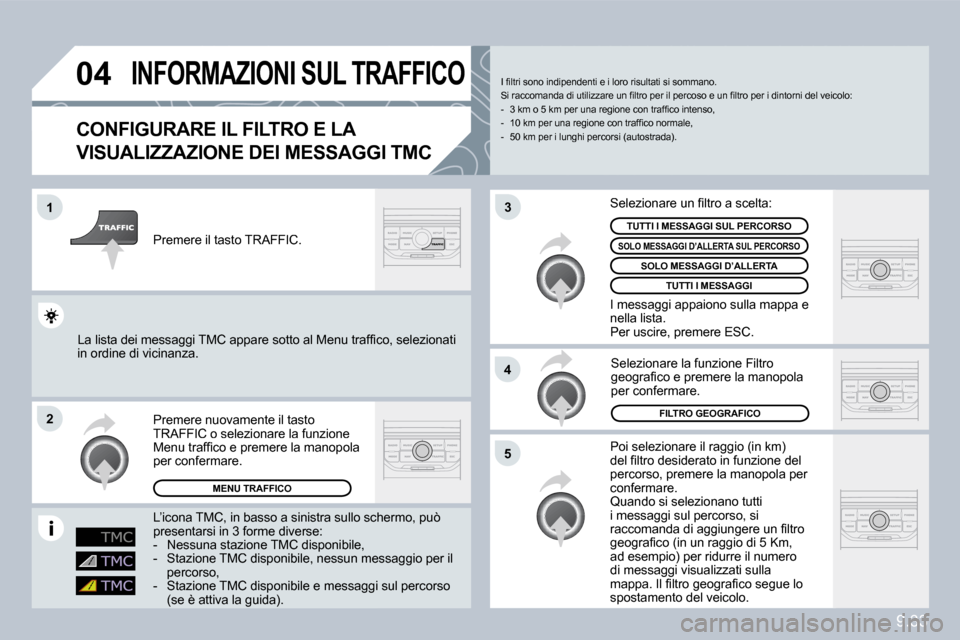 Peugeot Partner 2010  Manuale del proprietario (in Italian) �0�4
�1
�2
�5
�4
�3
9.33
�I�N�F�O�R�M�A�Z�I�O�N�I� �S�U�L� �T�R�A�F�F�I�C�O� 
� � �C�O�N�F�I�G�U�R�A�R�E� �I�L� �F�I�L�T�R�O� �E� �L�A� 
�V�I�S�U�A�L�I�Z�Z�A�Z�I�O�N�E� �D�E�I� �M�E�S�S�A�G�G�I� �T�M�