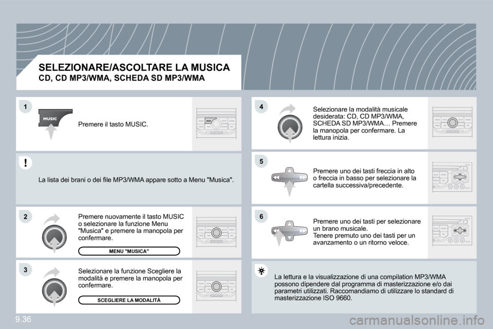 Peugeot Partner 2010  Manuale del proprietario (in Italian) �1
�2
�3
�5
�4
�6
9.36
�S�E�L�E�Z�I�O�N�A�R�E�/�A�S�C�O�L�T�A�R�E� �L�A� �M�U�S�I�C�A� � 
�C�D�,� �C�D� �M�P�3�/�W�M�A�,� �S�C�H�E�D�A� �S�D� �M�P�3�/�W�M�A� 
 La lettura e la visualizzazione di una c
