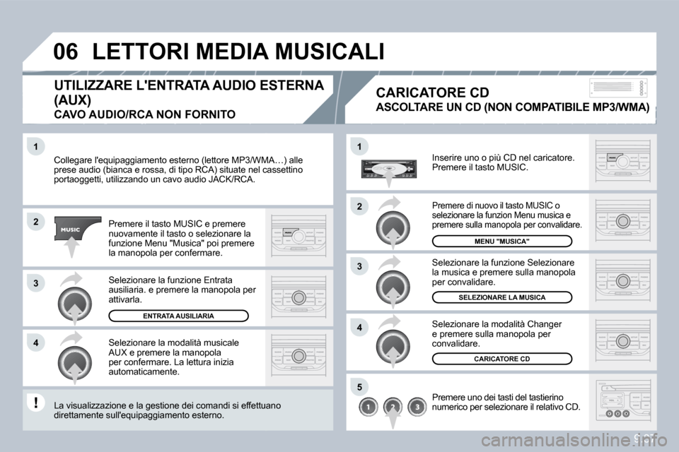 Peugeot Partner 2010  Manuale del proprietario (in Italian) �1
�2
�3
�4
�1
�4
�0�6
�2
�3
�5
9.37
 Collegare lequipaggiamento esterno (lettore MP3/WMA/WMA…) alle prese audio (bianca e rossa, di tipo RCA) situate nel canel cassettino portaoggetti, utilizzando