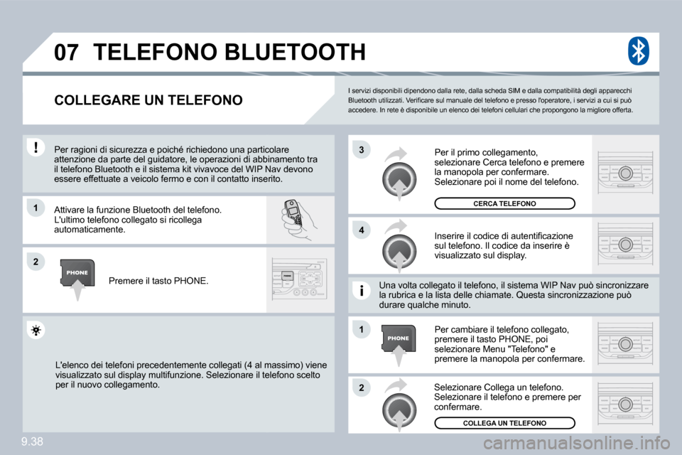 Peugeot Partner 2010  Manuale del proprietario (in Italian) �0�7
�1
�4
�3
�2
�1
�2
9.38
 I servizi disponibili dipendono dalla rete, dalla scheda SIM e dalla compatibilità degli apparecchi �B�l�u�e�t�o�o�t�h� �u�t�i�l�i�z�z�a�t�i�.� �V�e�r�i�ﬁ� �c�a�r�e� �s