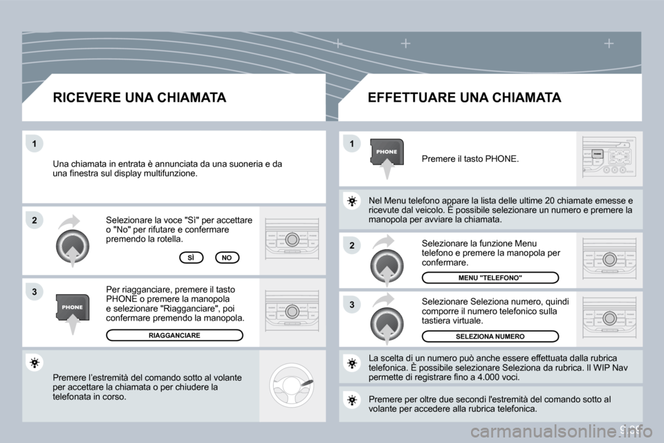 Peugeot Partner 2010  Manuale del proprietario (in Italian) �2
�3
�1�1
�2
�3
9.39
 Premere l’estremità del comando sotto al volante per accettare la chiamata o per chiudere la telefonata in corso.  
 Selezionare la voce "Sì" per accettare o "No" per rifuta