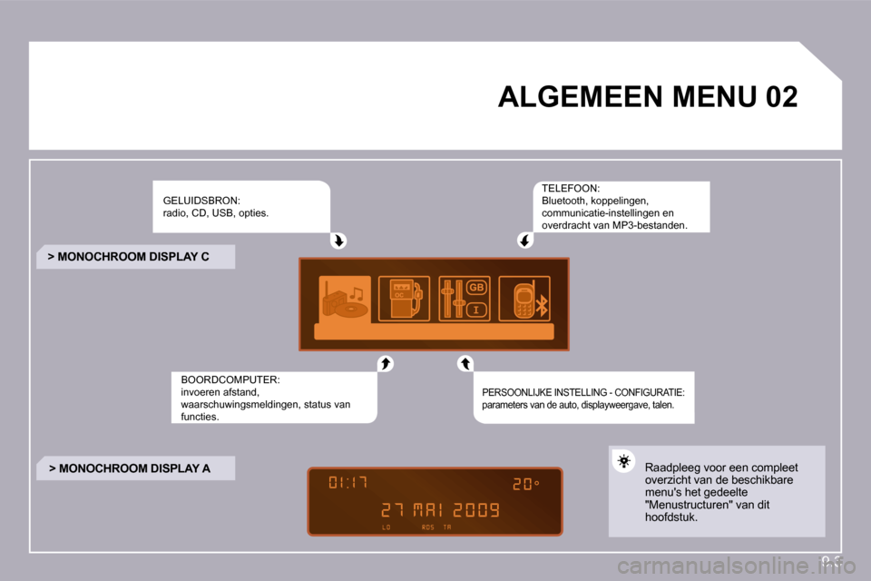 Peugeot Partner 2010  Handleiding (in Dutch) 9.3
02� � � � � � � � � �A�L�G�E�M�E�E�N� �M�E�N�U� � 
 GELUIDSBRON: radio, CD, USB, opties. 
 BOORDCOMPUTER: invoeren afstand, waarschuwingsmeldingen, status van functies.  
 TELEFOON: Bluetooth, kop