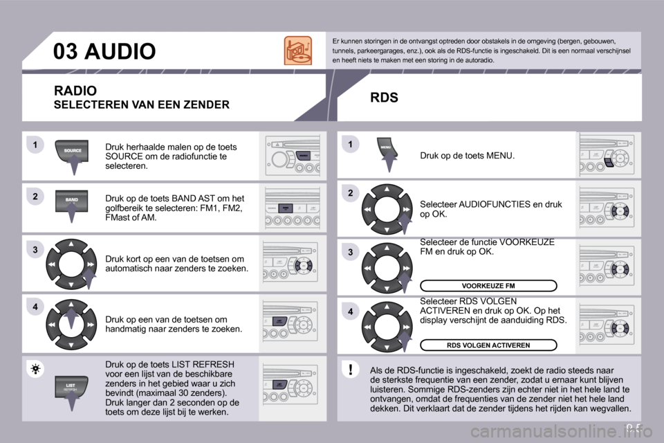Peugeot Partner 2010  Handleiding (in Dutch) 9.5
11
22
�3�3
�4�4
22
�4�4
�3�3
11
�0�3� � � � � �A�U�D�I�O� 
 Druk herhaalde malen op de toets SOURCE om de radiofunctie te selecteren. 
 Druk op de toets BAND AST om het golfbereik te selecteren: F