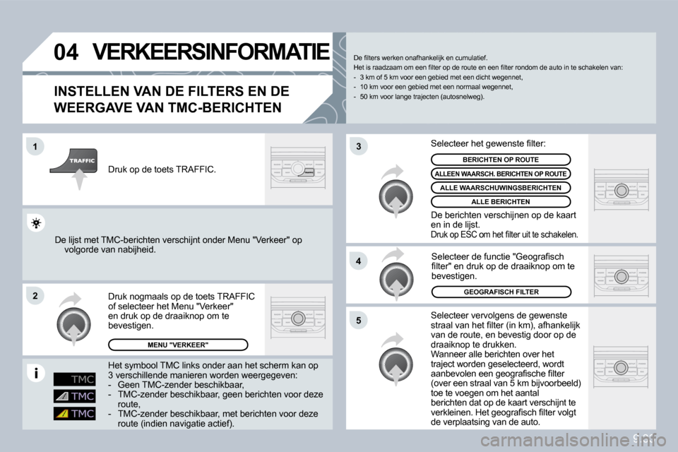 Peugeot Partner 2010  Handleiding (in Dutch) 9.33
�0�4
�1
�2
�5
�4
�3
� � � � � � � �V�E�R�K�E�E�R�S�I�N�F�O�R�M�A�T�I�E� 
� � �I�N�S�T�E�L�L�E�N� �V�A�N� �D�E� �F�I�L�T�E�R�S� �E�N� �D�E� 
�W�E�E�R�G�A�V�E� �V�A�N� �T�M�C�-�B�E�R�I�C�H�T�E�N� 
