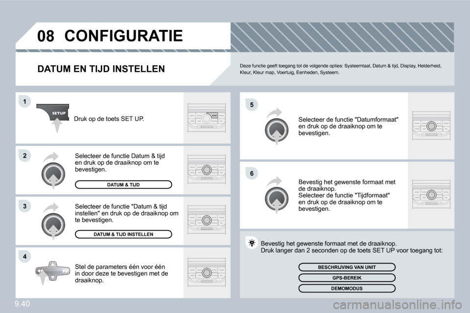 Peugeot Partner 2010  Handleiding (in Dutch) 9.40
�0�8
�5
�6
�1
�2
�3
�4
� � � � � � � � � � � �C�O�N�F�I�G�U�R�A�T�I�E� 
� � �D�A�T�U�M� �E�N� �T�I�J�D� �I�N�S�T�E�L�L�E�N�  Deze functie geeft toegang tot de volgende opties: Systeemtaal, Datum 