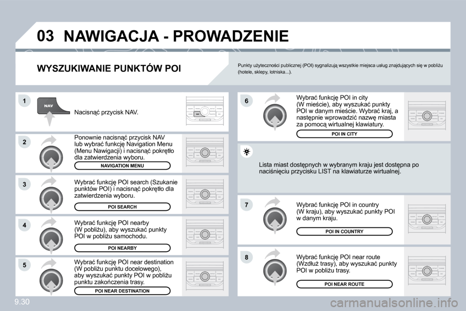 Peugeot Partner 2010  Instrukcja Obsługi (in Polish) 9.30
�0�3
�1
�2
�3
�4
�7
�8�5
�6
� �N�A�W�I�G�A�C�J�A� �-� �P�R�O�W�A�D�Z�E�N�I�E� 
� � �W�Y�S�Z�U�K�I�W�A�N�I�E� �P�U�N�K�T�Ó�W� �P�O�I� 
� �N�a�c�i�s�n"�ć� �p�r�z�y�c�i�s�k� �N�A�V�.� 
� �P�o�n�o