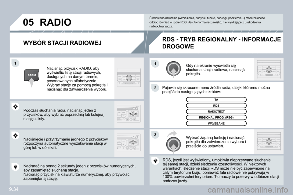 Peugeot Partner 2010  Instrukcja Obsługi (in Polish) 9.34
�1�1
�2
�3
�0�5
� � �W�Y�B�Ó�R� �S�T�A�C�J�I� �R�A�D�I�O�W�E�J� 
� �G�d�y� �n�a� �e�k�r�a�n�i�e� �w�y;�w�i�e�t�l�a� �s�i
� �s�ł�u�c�h�a�n�a� �s�t�a�c�j�a� �r�a�d�i�o�w�a�,� �n�a�c�i�s�n"�ć�