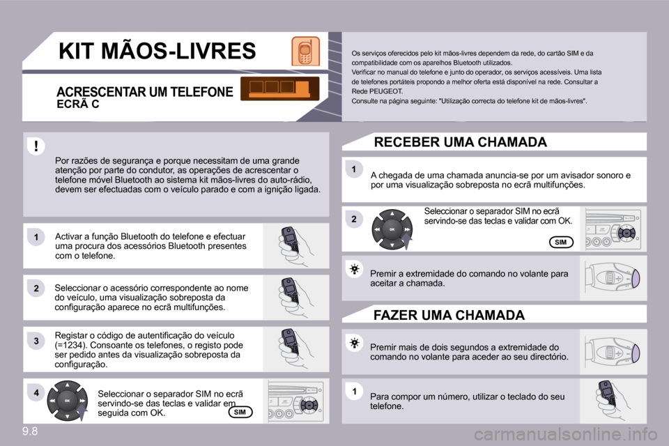 Peugeot Partner 2010  Manual do proprietário (in Portuguese) �9�.�8
�1�1
�2�2
�3�3
�1�1
�2�2
�4�4�1�1
� �K�I�T� �M�Ã�O�S�-�L�I�V�R�E�S� 
� �P�o�r� �r�a�z�õ�e�s� �d�e� �s�e�g�u�r�a�n�ç�a� �e� �p�o�r�q�u�e� �n�e�c�e�s�s�i�t�a�m� �d�e� �u�m�a� �g�r�a�n�d�e� �a�